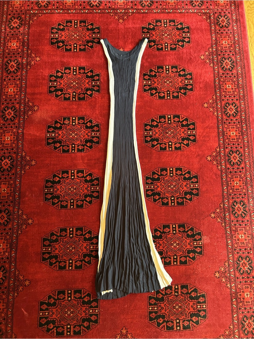 Zara Women’s Pleated Navy Blue and Cream Maxi Dress
